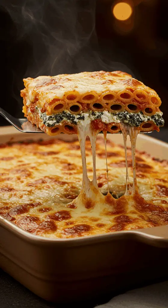 A beautiful, golden-brown homemade Baked Ziti casserole in a baking dish with a perfect, cheesy, and multi-layered slice being lifted out.