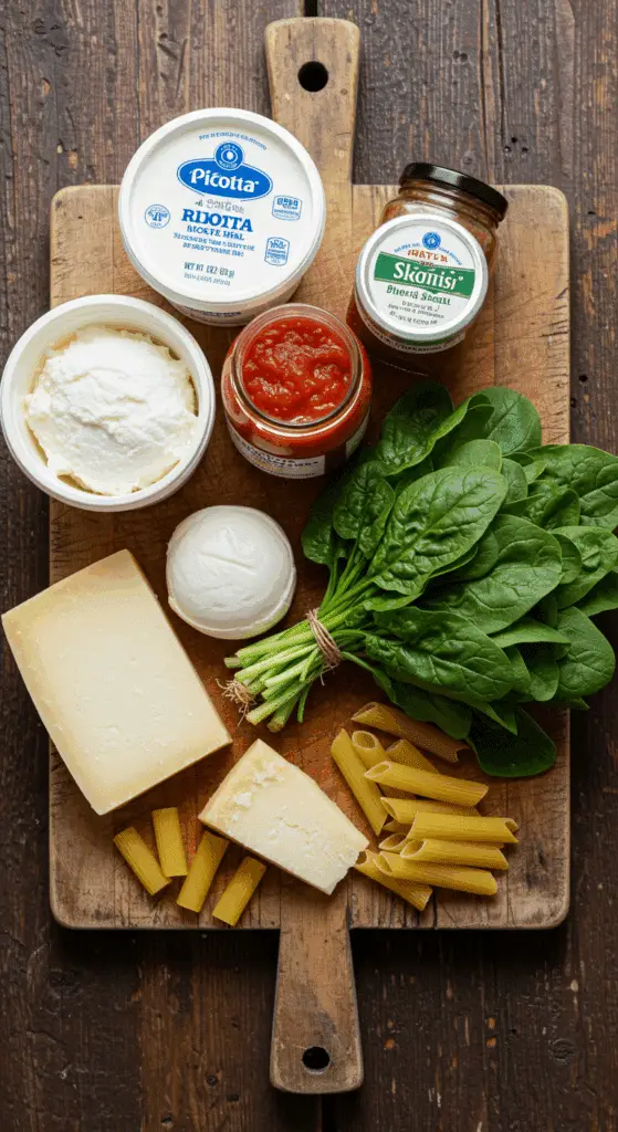 The fresh, from-scratch ingredients for the classic and cheesy Spinach and Ricotta Baked Ziti recipe.