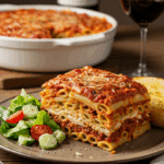 A tall, beautiful slice of homemade, layered Baked Ziti being served for a family dinner.