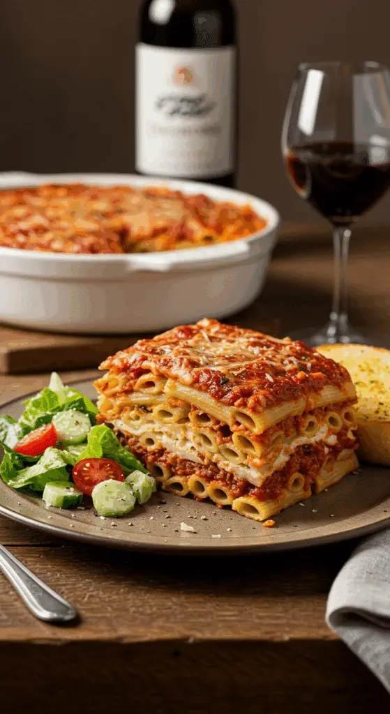 A tall, beautiful slice of homemade, layered Baked Ziti being served for a family dinner.