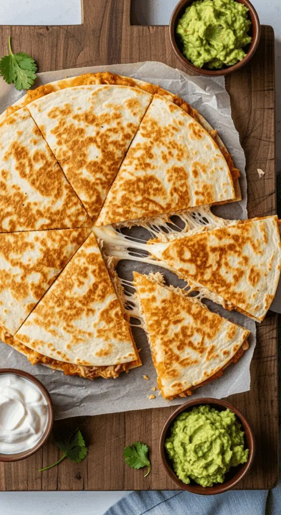 A beautiful, golden-brown homemade Chicken Quesadilla, cut into wedges with a cheesy, gooey cheese pull.