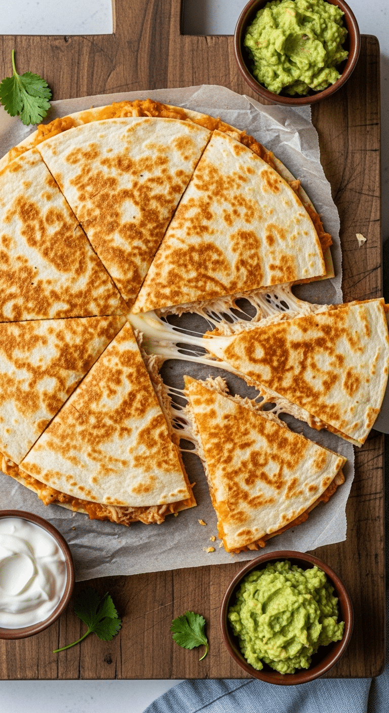A beautiful, golden-brown homemade Chicken Quesadilla, cut into wedges with a cheesy, gooey cheese pull.