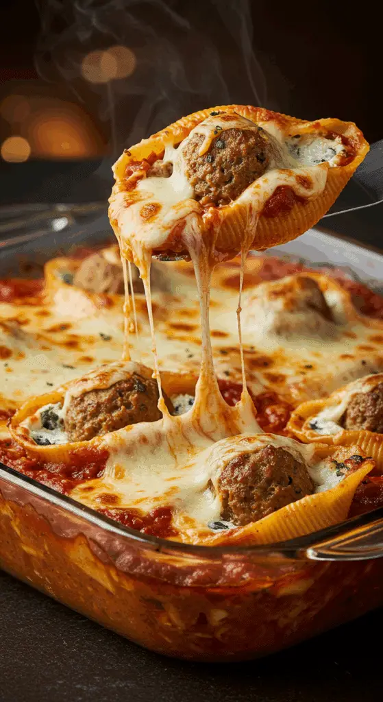 A beautiful, golden-brown homemade Meatball Stuffed Shells casserole in a baking dish with a single, cheesy shell being lifted out.
