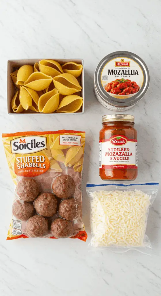 The 4 simple, convenient, store-bought ingredients for the easy and cheesy Meatball Stuffed Shells recipe.