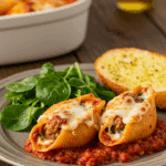 A cozy plate of homemade, cheesy Meatball Stuffed Shells being served for a family dinner.