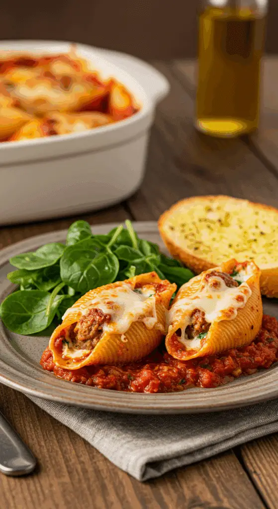 A cozy plate of homemade, cheesy Meatball Stuffed Shells being served for a family dinner.