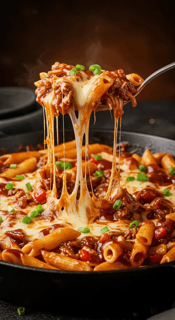 A beautiful, rustic cast-iron skillet of homemade, cheesy Pulled Pork Pasta with a long, gooey cheese pull.