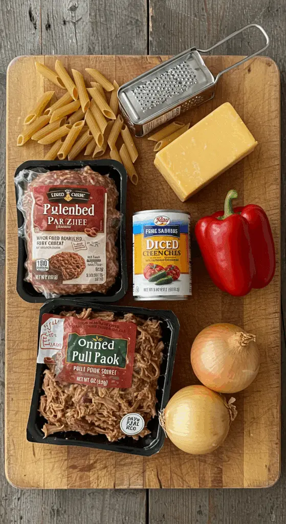 The simple, from-scratch ingredients for the hearty and cheesy Pulled Pork Pasta recipe.