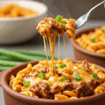 A cozy bowl of homemade, cheesy Pulled Pork Pasta being served for a family dinner.