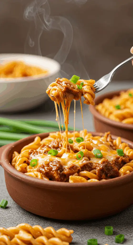 A cozy bowl of homemade, cheesy Pulled Pork Pasta being served for a family dinner.