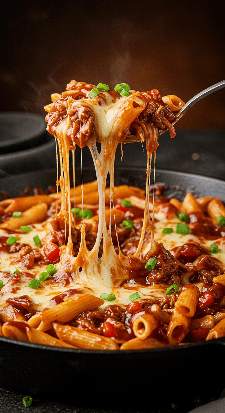 A beautiful, rustic cast-iron skillet of homemade, cheesy Pulled Pork Pasta with a long, gooey cheese pull.
