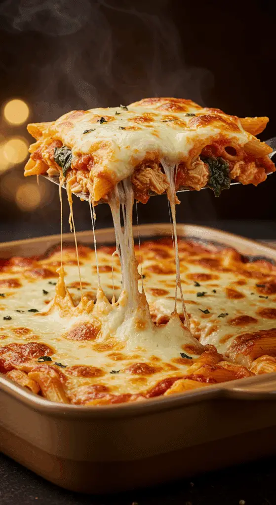 A beautiful, golden-brown homemade Chicken Baked Ziti in a baking dish with a perfect, cheesy, and multi-layered slice being lifted out to show an epic cheese pull.