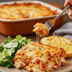 A tall, beautiful slice of homemade, layered Chicken Baked Ziti being served with a side of Caesar salad and garlic bread for a family dinner.