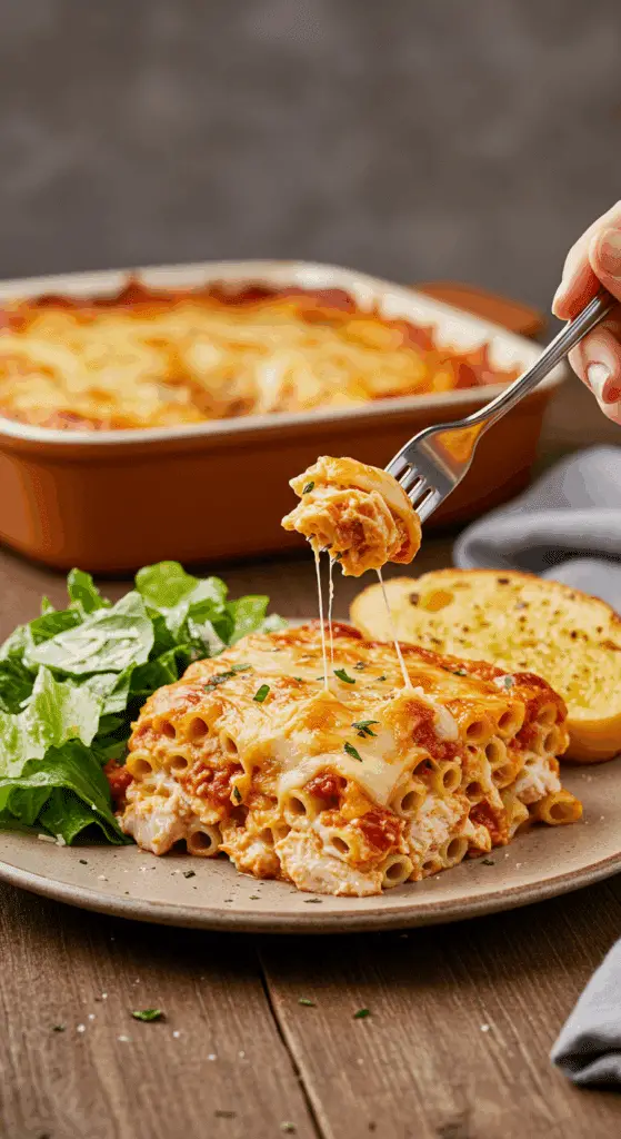 A tall, beautiful slice of homemade, layered Chicken Baked Ziti being served with a side of Caesar salad and garlic bread for a family dinner.