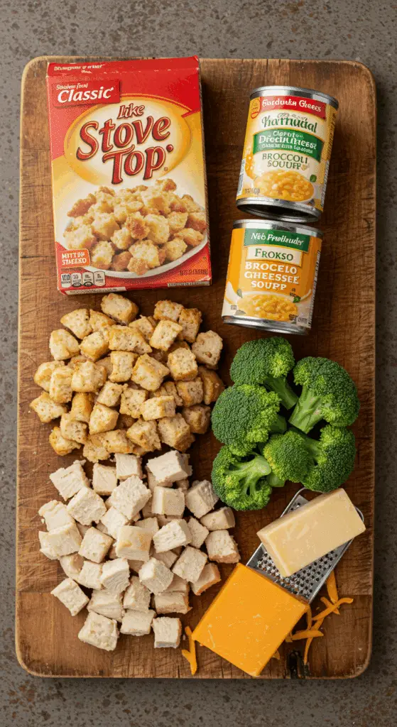 The simple, from-scratch ingredients for the easy and cheesy Chicken Broccoli Casserole with a stuffing topping.