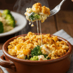 A cozy bowl of homemade, cheesy Chicken Broccoli Casserole with a stuffing topping, being served for a family dinner.