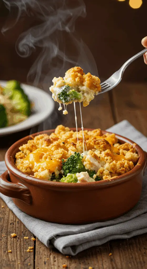 A cozy bowl of homemade, cheesy Chicken Broccoli Casserole with a stuffing topping, being served for a family dinner.