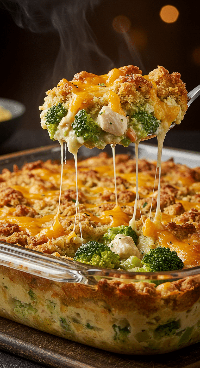 A beautiful, golden-brown homemade Chicken Broccoli Casserole in a baking dish with a creamy, chunky scoop removed.