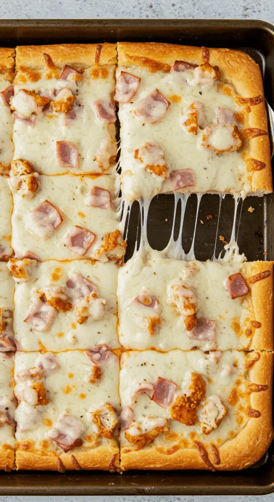 A beautiful, golden-brown, homemade sheet-pan Chicken Cordon Bleu Pizza, with a slice being lifted to show a gooey cheese pull.
