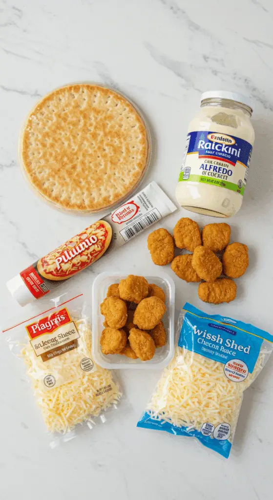 The simple, convenient, store-bought ingredients for the easy and quick Chicken Cordon Bleu Pizza recipe.