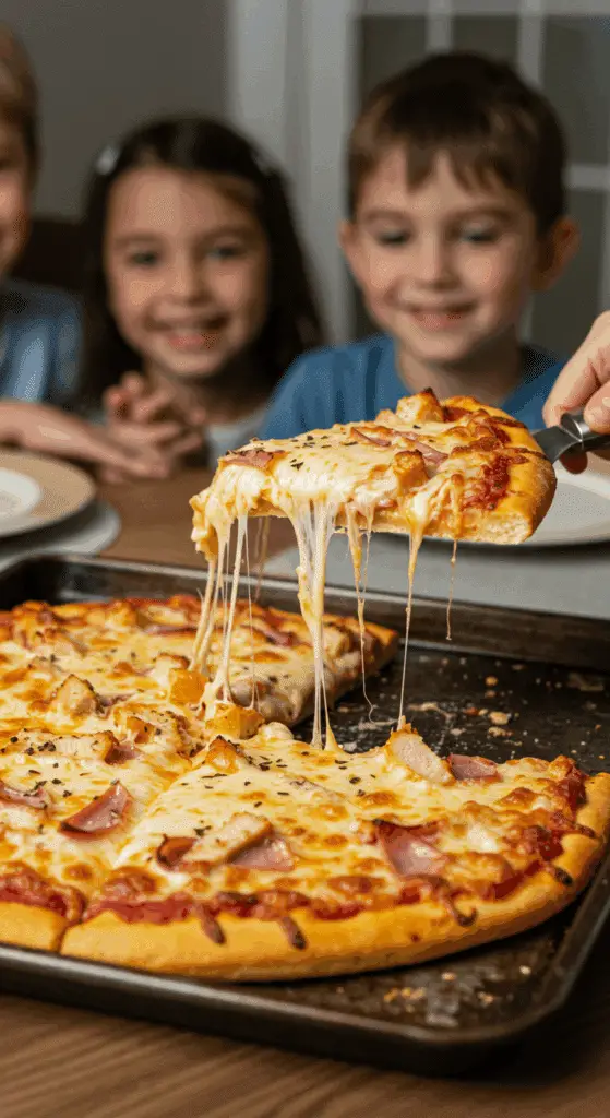 The finished, homemade Chicken Cordon Bleu Pizza being served at a fun and casual family pizza night.