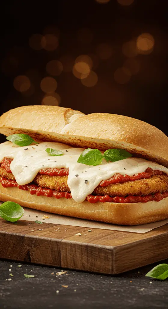 A beautiful, homemade, open-faced Chicken Parm Sandwich, overflowing with a crispy chicken cutlet, marinara sauce, and gooey, melted provolone cheese.