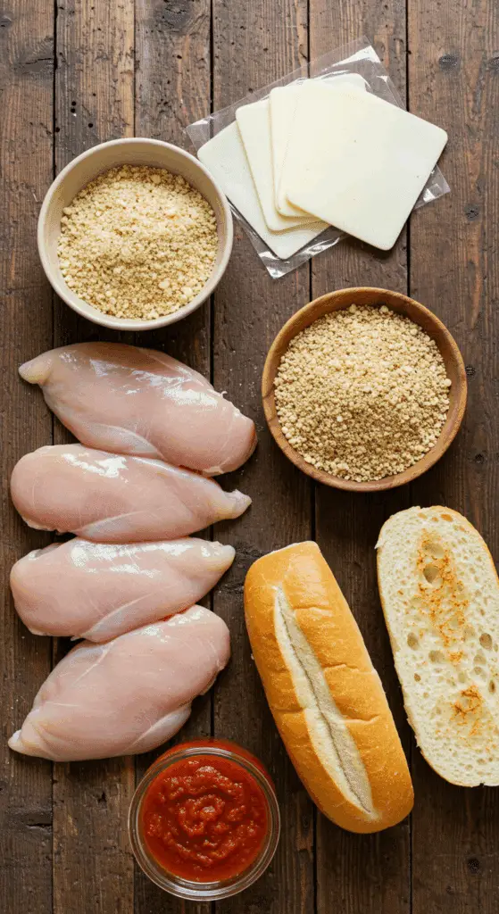 The fresh, from-scratch ingredients for the classic and hearty Chicken Parm Sandwich recipe.