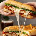 A hand holding a large, delicious, and messy homemade Chicken Parm Sandwich with a gooey cheese pull.