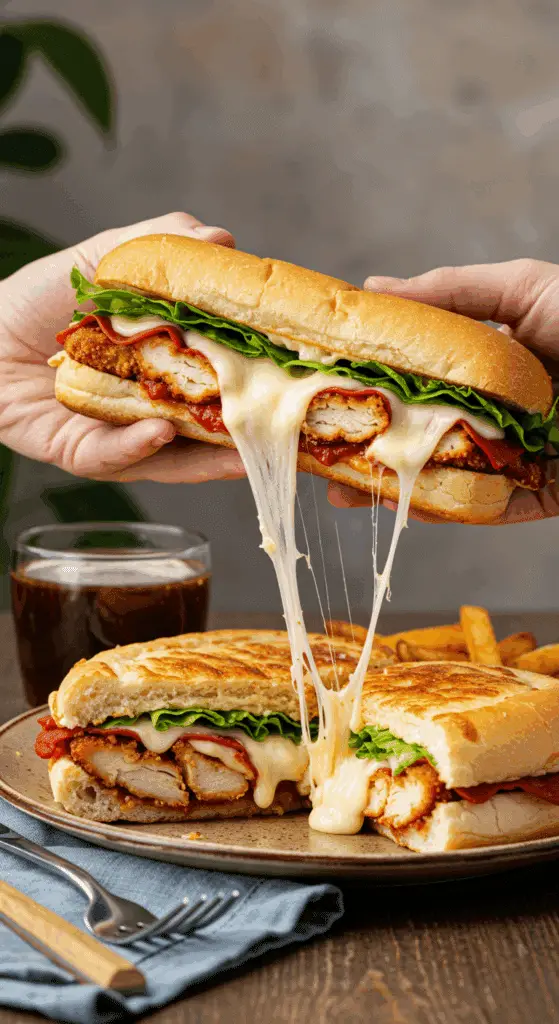A hand holding a large, delicious, and messy homemade Chicken Parm Sandwich with a gooey cheese pull.