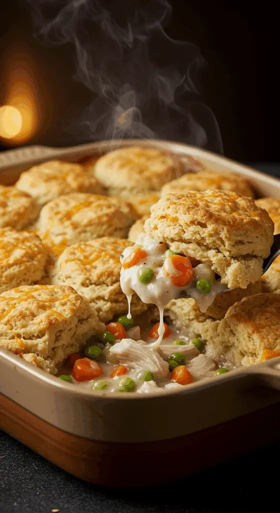 A beautiful, golden-brown homemade Chicken Pot Pie with a fluffy, cheesy, cheddar biscuit topping, with a creamy and chunky scoop being lifted out.