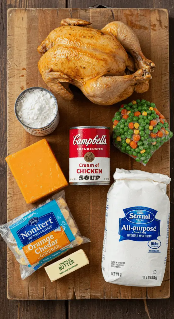 The simple, from-scratch ingredients for the easy and creamy Chicken Pot Pie with a Cheddar Biscuit topping.