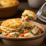 A cozy bowl of homemade, creamy Chicken Pot Pie with a golden, fluffy biscuit on top, being served for a family dinner.