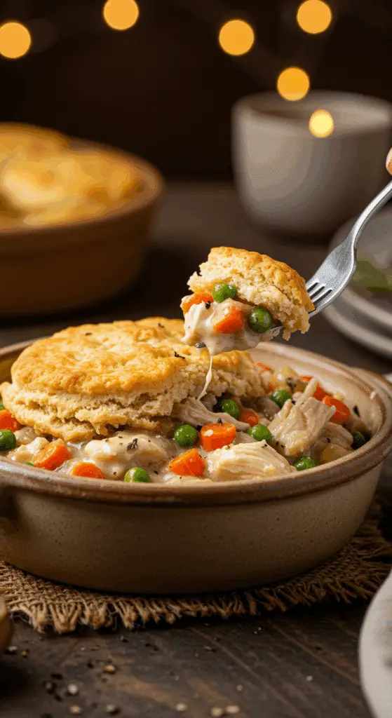 A cozy bowl of homemade, creamy Chicken Pot Pie with a golden, fluffy biscuit on top, being served for a family dinner.