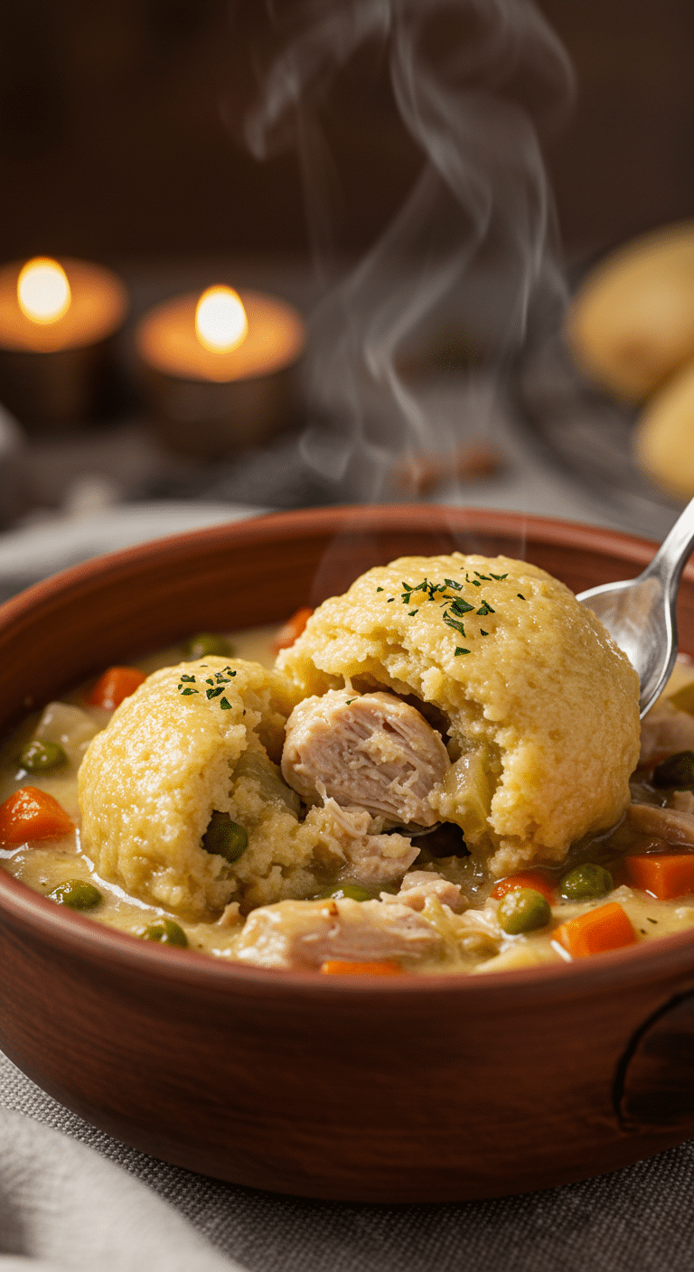 A beautiful, rustic Dutch oven of homemade, classic Chicken and Dumplings, with large, fluffy biscuit dumplings on top of a hearty chicken and vegetable stew.