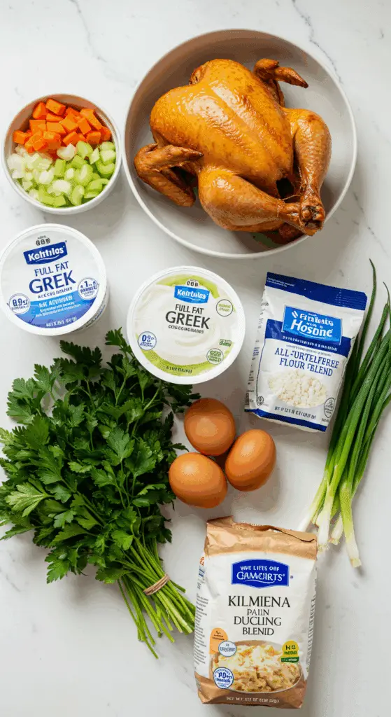 The simple, fresh ingredients for the classic and healthy Chicken and Dumplings recipe with gluten-free dumplings.