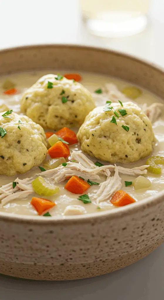 A beautiful, rustic bowl of homemade, creamy, and Healthy Chicken and Dumplings, with large, fluffy, herb-flecked dumplings on top.