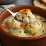 A cozy bowl of homemade, creamy Healthy Chicken and Dumplings being served for a casual family dinner.