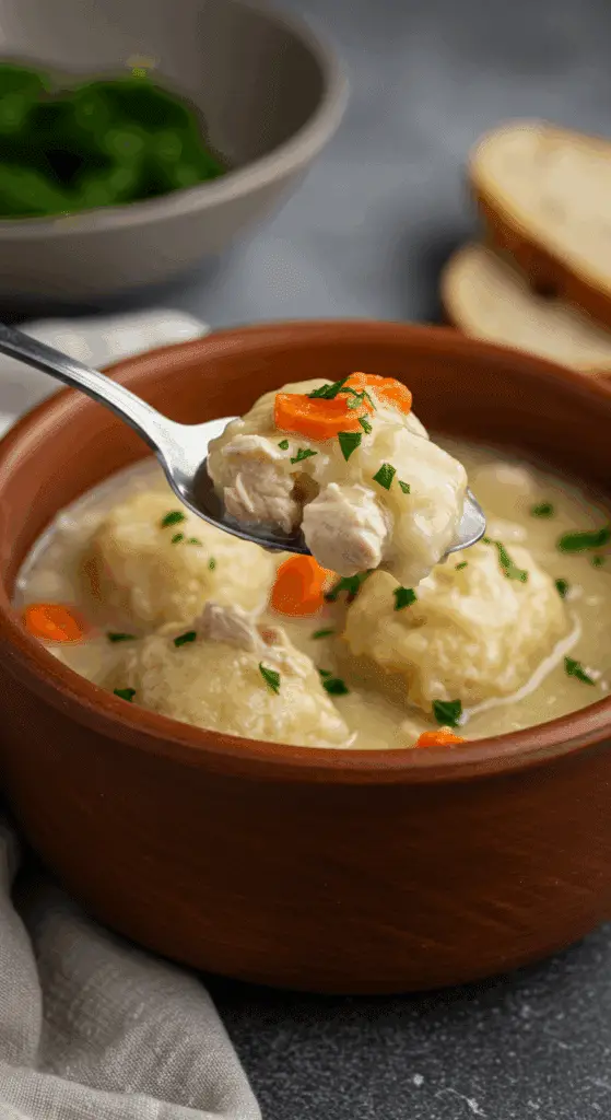 A cozy bowl of homemade, creamy Healthy Chicken and Dumplings being served for a casual family dinner.