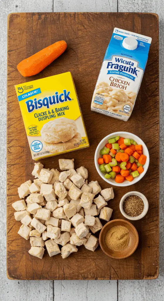 The simple, from-scratch ingredients for the easy and classic Chicken and Dumplings recipe.