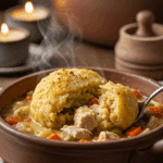A cozy bowl of homemade, classic Chicken and Dumplings with a fluffy dumpling broken open to show the creamy stew inside.
