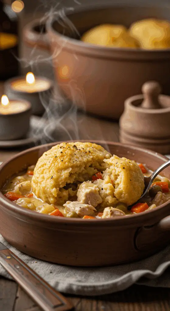 A cozy bowl of homemade, classic Chicken and Dumplings with a fluffy dumpling broken open to show the creamy stew inside.