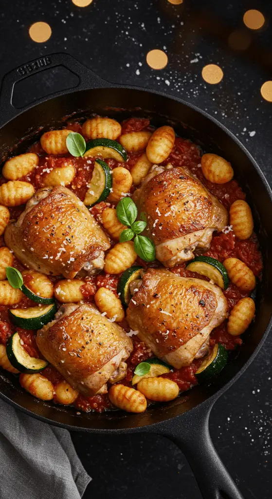 A beautiful, rustic cast-iron skillet of homemade, one-pan Chicken and Gnocchi in a rich, red tomato-basil sauce.
