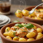 A cozy bowl of homemade, one-pan Chicken and Gnocchi being served for a family dinner.