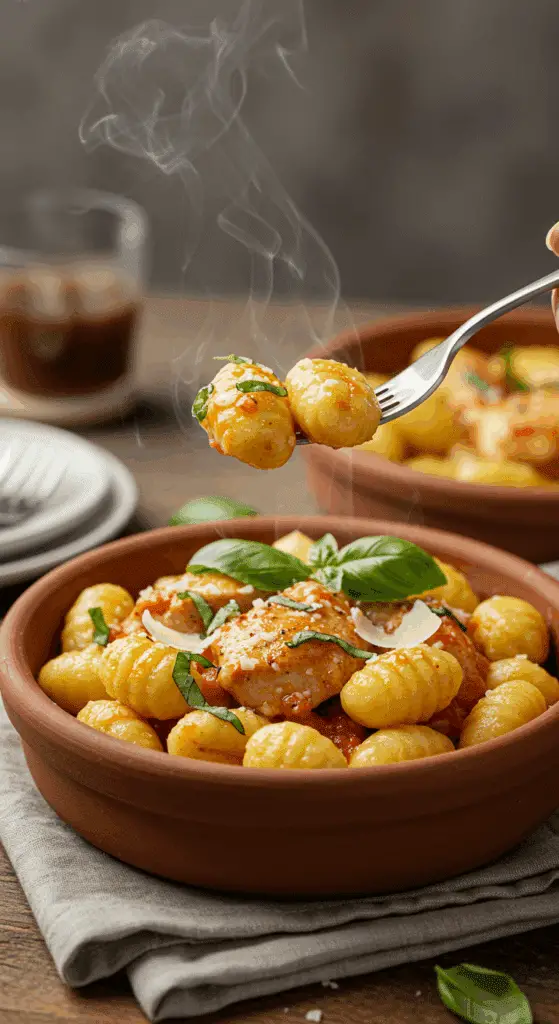 A cozy bowl of homemade, one-pan Chicken and Gnocchi being served for a family dinner.