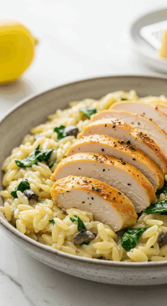 A beautiful, rustic bowl of homemade, creamy Instant Pot Lemon Chicken and Orzo, topped with perfectly sliced chicken breast.