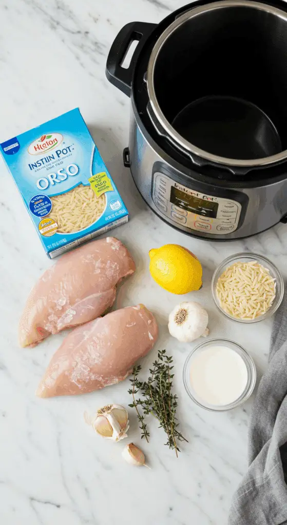 The simple, fresh ingredients for the easy and healthy Instant Pot Lemon Chicken and Orzo recipe, showing the frozen chicken breasts.