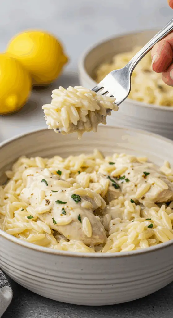 A cozy bowl of homemade, creamy Instant Pot Lemon Chicken and Orzo being served for an easy family dinner.