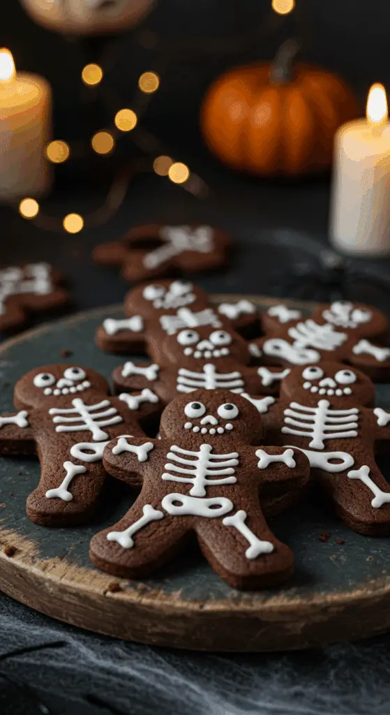 A beautiful, rustic platter of homemade, spooky, and dark chocolate Skeleton Cookies, decorated with intricate, white royal icing skeletons.