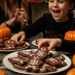 A large platter of homemade, spooky, and fun Chocolate Skeleton Cookies being served at a fun and casual Halloween party.