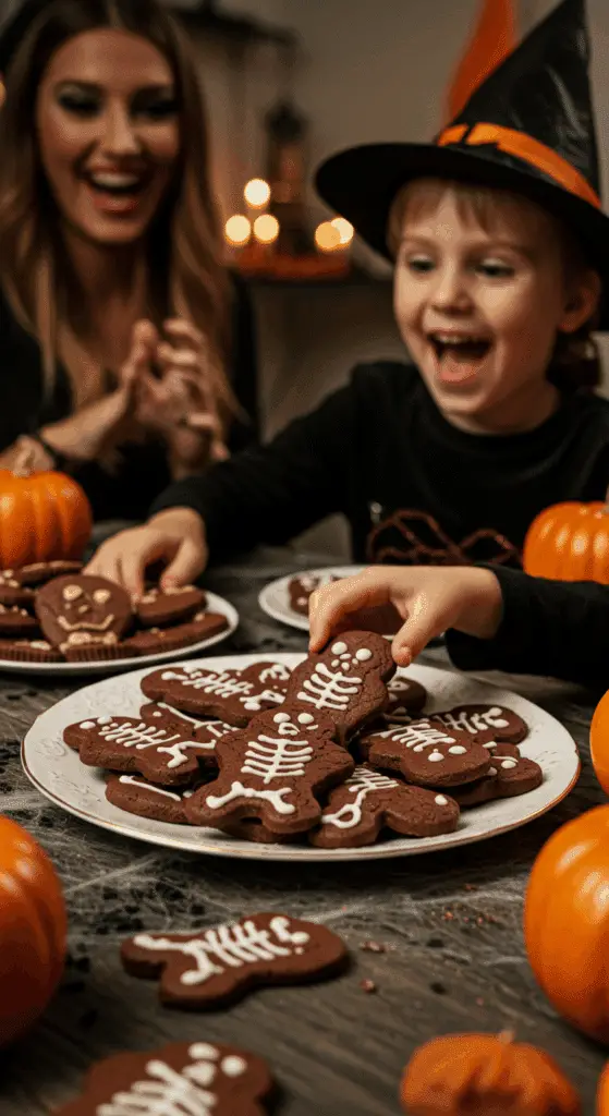 A large platter of homemade, spooky, and fun Chocolate Skeleton Cookies being served at a fun and casual Halloween party.